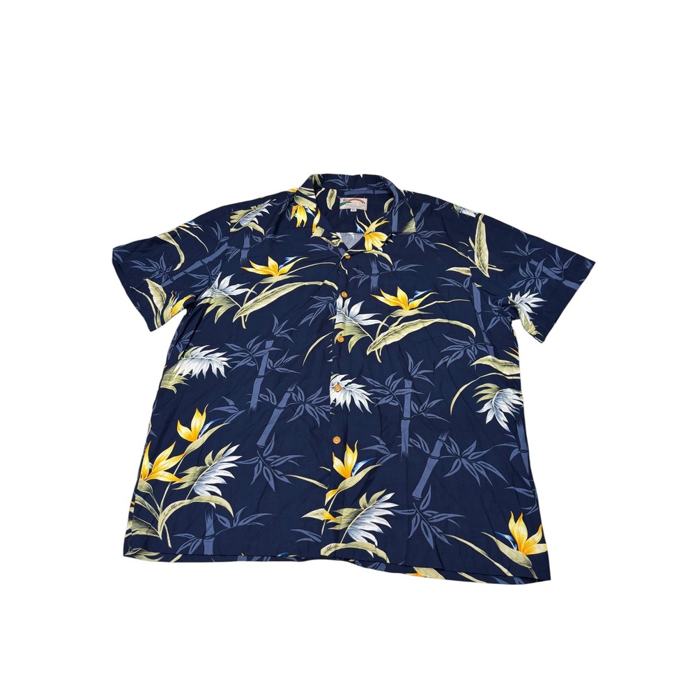 Paradise Found Mens XL Hawaiian Shirt Navy Bird of Paradise Bamboo Rayon Hawaii